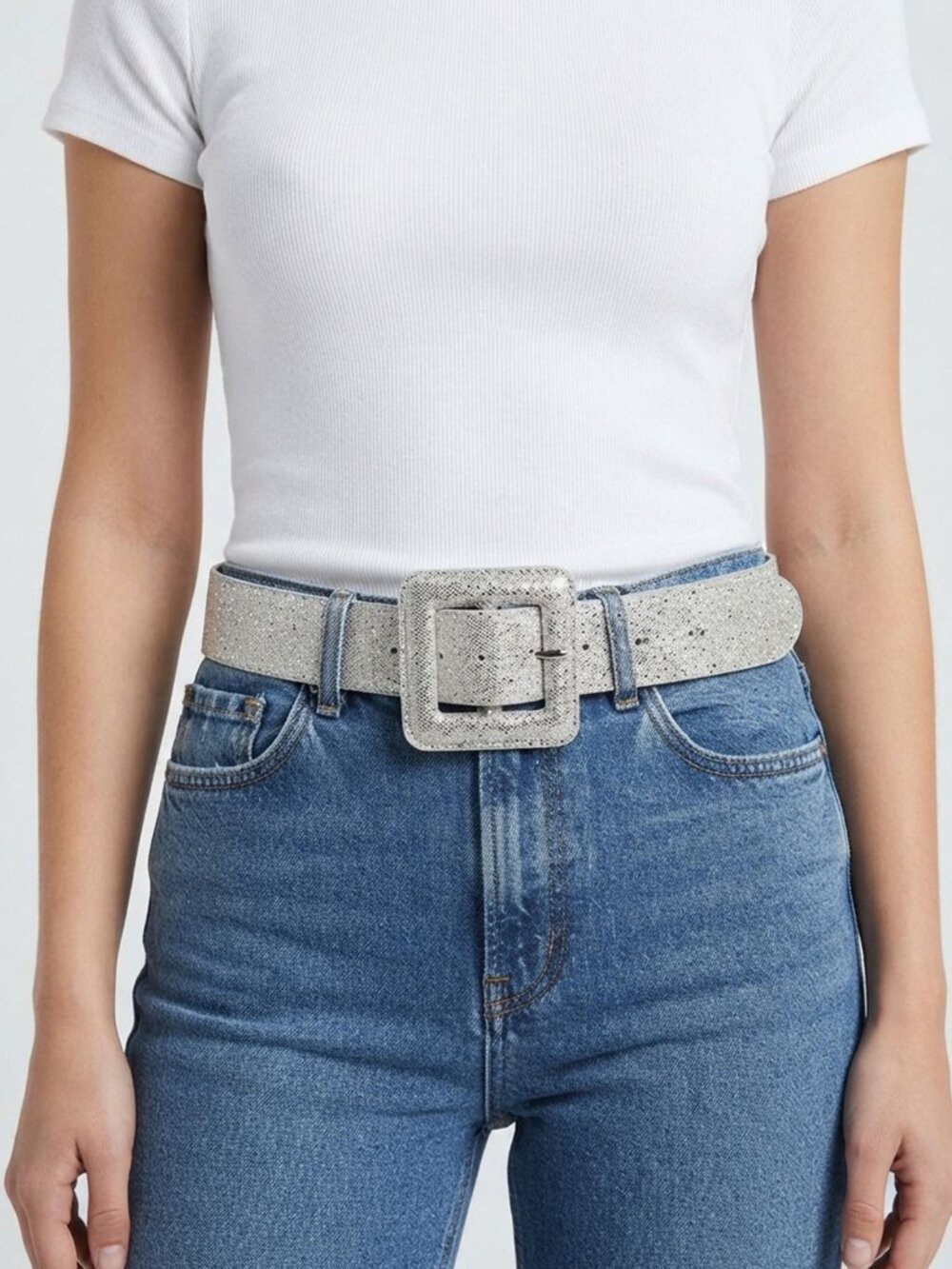 Y2K Silver Glitter Sparkle Belt Square Buckle Retro Statement Retro 2000s